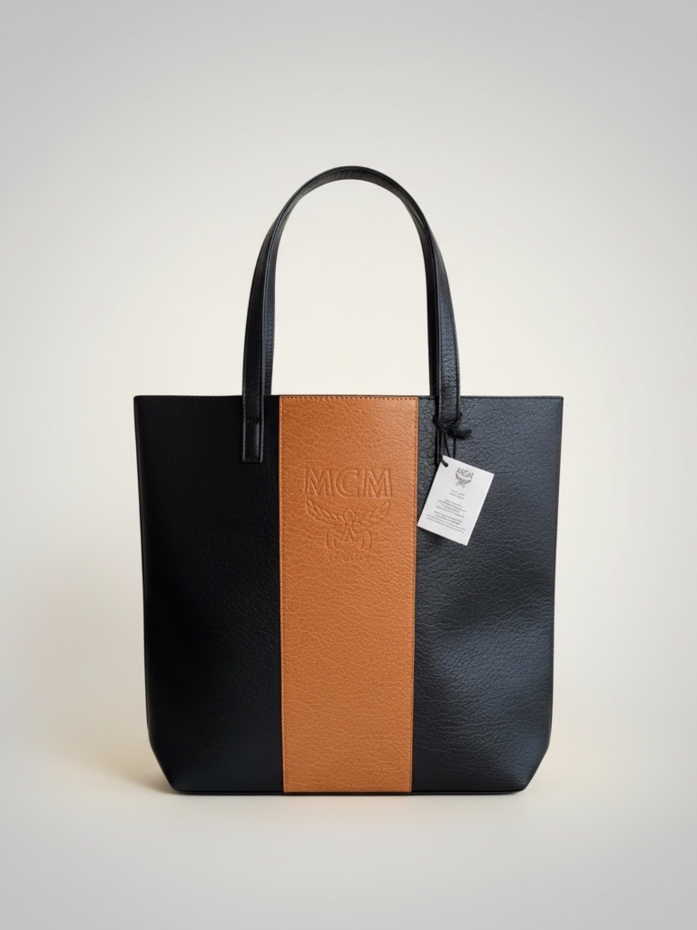 MCM Embossed Logo Stripe Tote Bag -Black and Tan P0343